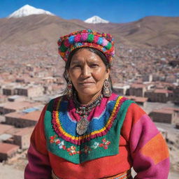 A strong and resilient woman from Potosi, Bolivia, dressed in colorful traditional clothing, with the historic Potosi city and the landmark Cerro Rico in the background.