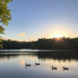 A serene landscape featuring a calm lake surrounded by lush green trees, with a clear blue sky and a few fluffy white clouds