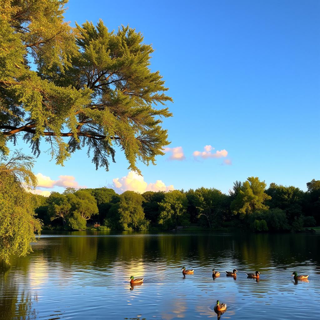 A serene landscape featuring a calm lake surrounded by lush green trees, with a clear blue sky and a few fluffy white clouds