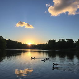 A serene landscape featuring a calm lake surrounded by lush green trees, with a clear blue sky and a few fluffy white clouds