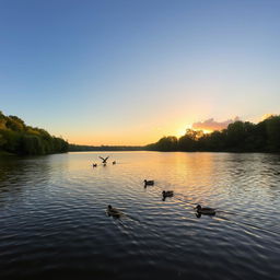 A serene landscape featuring a calm lake surrounded by lush green trees, with a clear blue sky and a few fluffy white clouds