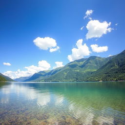 A serene landscape featuring a crystal-clear lake surrounded by lush green mountains and a bright blue sky with fluffy white clouds