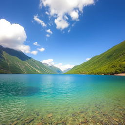 A serene landscape featuring a crystal-clear lake surrounded by lush green mountains and a bright blue sky with fluffy white clouds