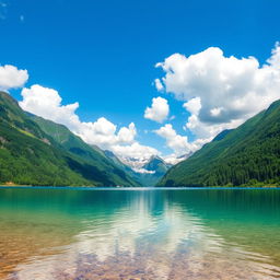 A serene landscape featuring a crystal-clear lake surrounded by lush green mountains and a bright blue sky with fluffy white clouds