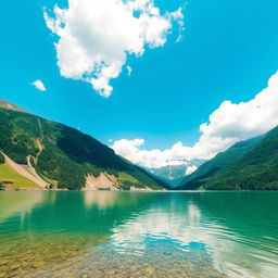 A serene landscape featuring a crystal-clear lake surrounded by lush green mountains and a bright blue sky with fluffy white clouds