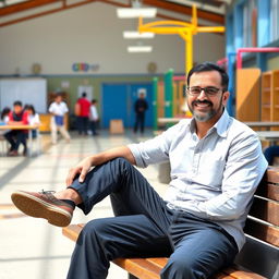 A father sitting on a school bench, looking relaxed and happy, with a background of a typical school environment including other students, classrooms, and playground equipment