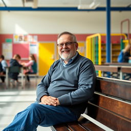 A father sitting on a school bench, looking relaxed and happy, with a background of a typical school environment including other students, classrooms, and playground equipment