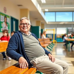 A father sitting on a school bench, looking relaxed and happy, with a background of a typical school environment including other students, classrooms, and playground equipment