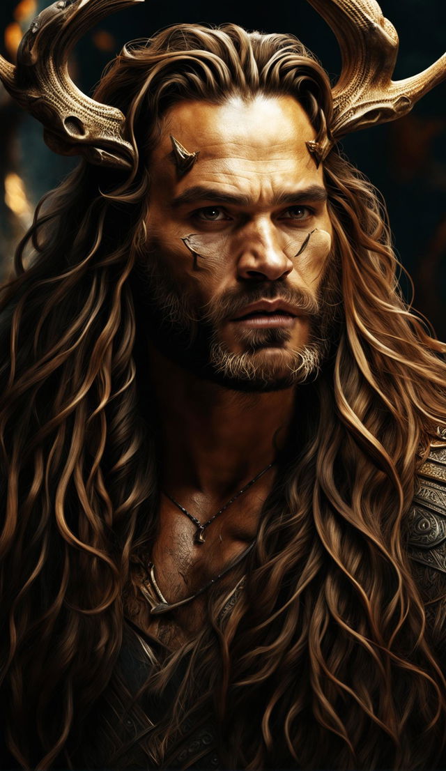 Hyper-realistic digital art of Jason Momoa with deer antlers growing naturally from his scalp.