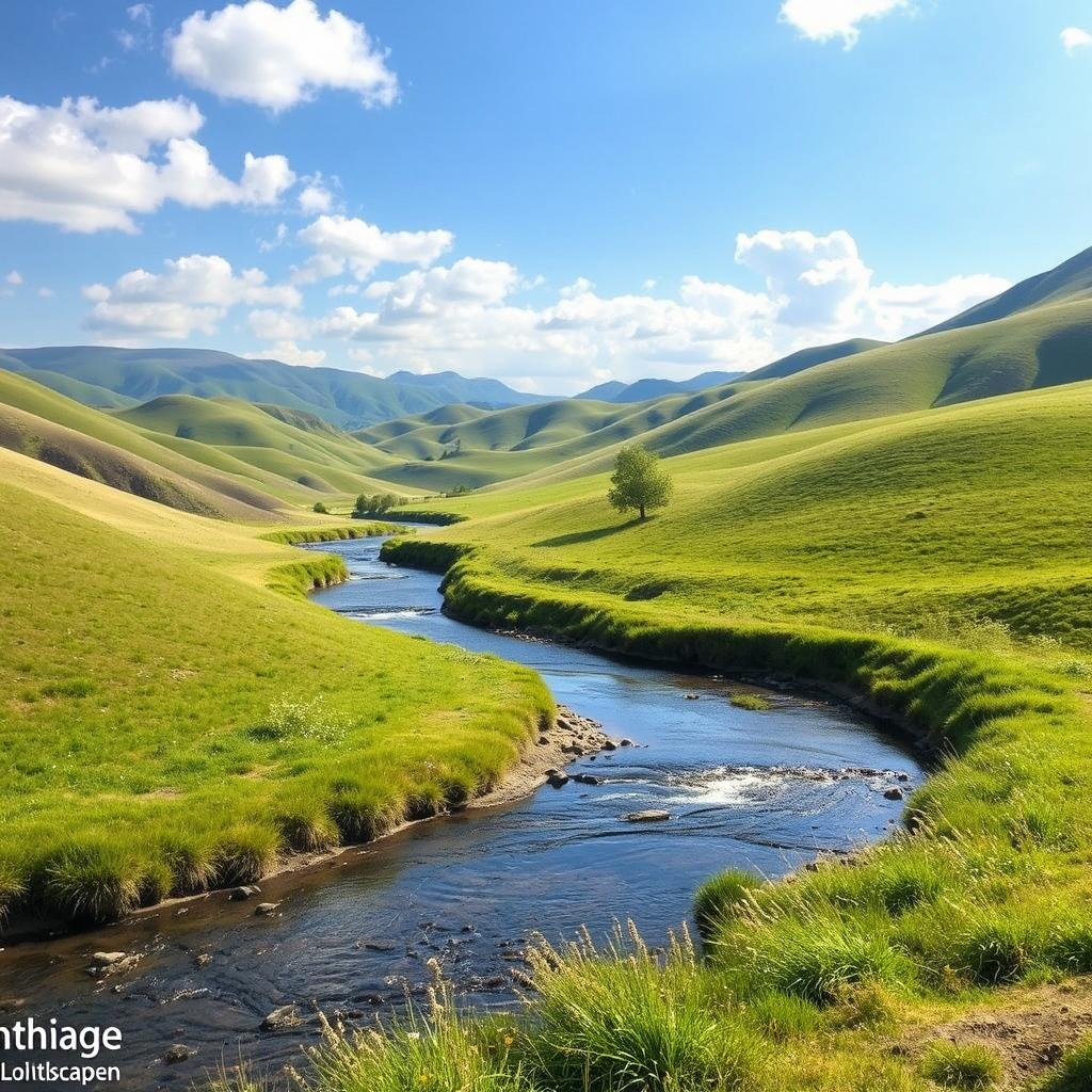 Generate a beautiful and serene landscape image with rolling hills, a clear blue sky, and a small river flowing through the scene