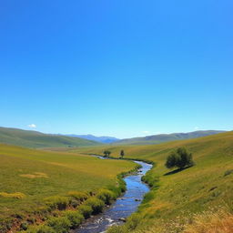 Generate a beautiful and serene landscape image with rolling hills, a clear blue sky, and a small river flowing through the scene