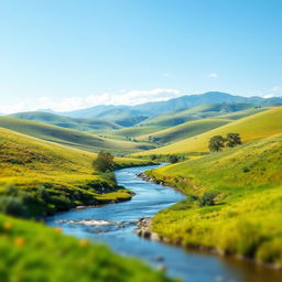 Generate a beautiful and serene landscape image with rolling hills, a clear blue sky, and a small river flowing through the scene