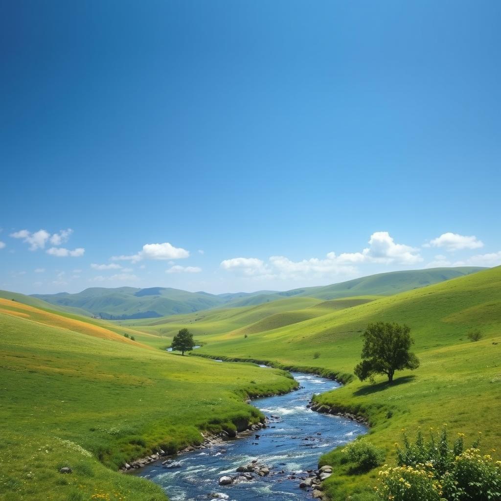 Generate a beautiful and serene landscape image with rolling hills, a clear blue sky, and a small river flowing through the scene