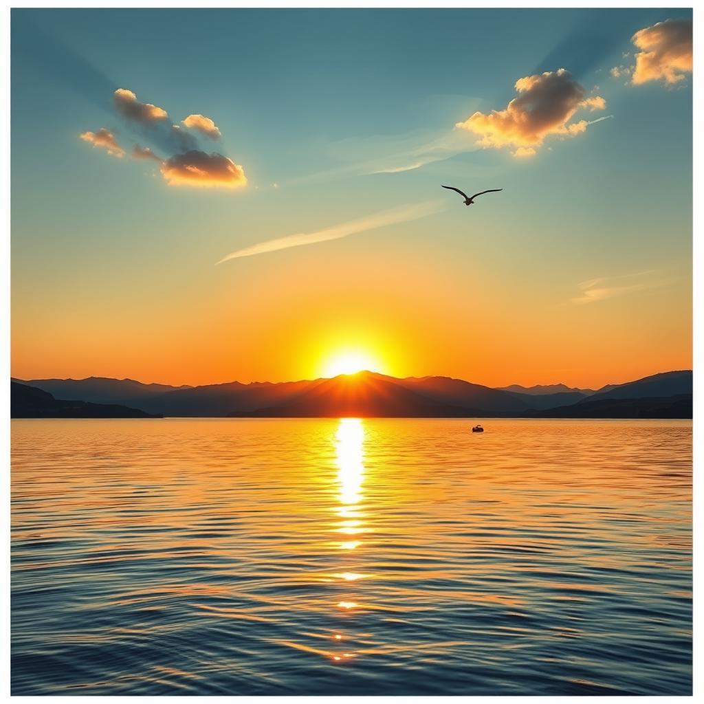 A serene landscape featuring a beautiful sunset over a calm lake, with mountains in the background and a few birds flying in the sky