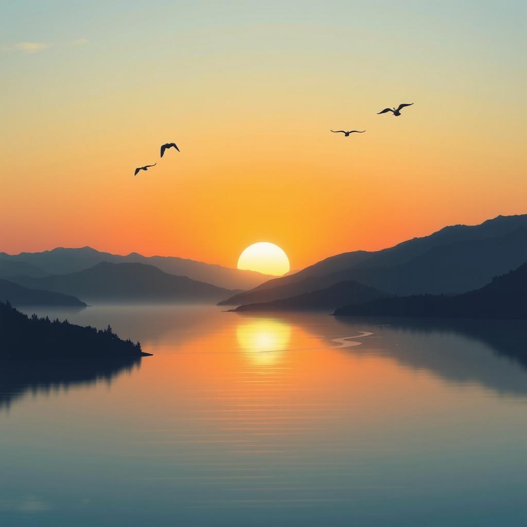 A serene landscape featuring a beautiful sunset over a calm lake, with mountains in the background and a few birds flying in the sky