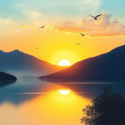 A serene landscape featuring a beautiful sunset over a calm lake, with mountains in the background and a few birds flying in the sky