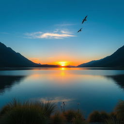 A serene landscape featuring a beautiful sunset over a calm lake, with mountains in the background and a few birds flying in the sky