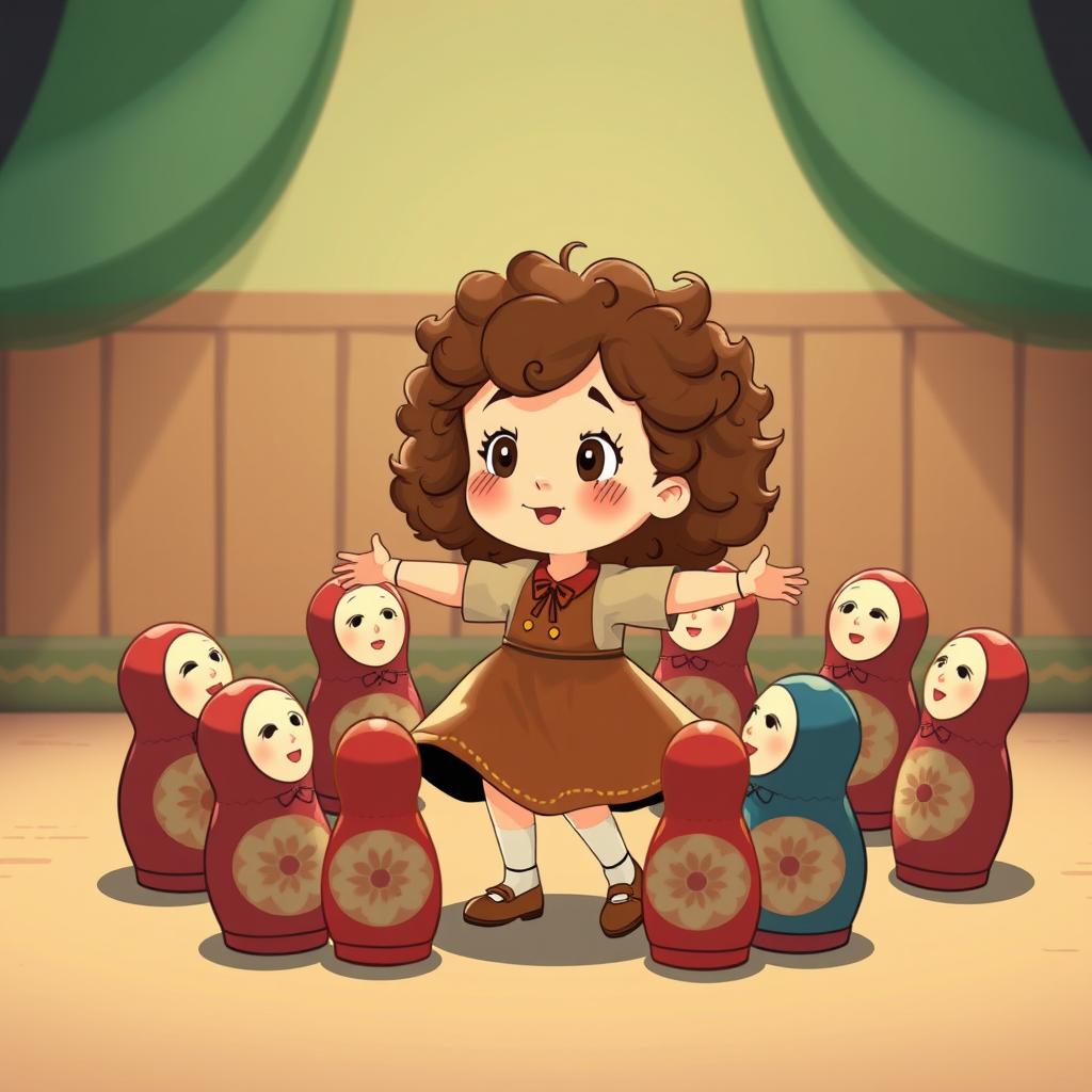 An animated scene featuring a little girl with curly hair dancing in a circle with Matryoshka dolls