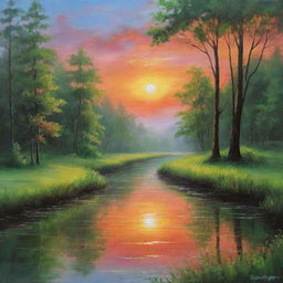 An enchanting scene of nature, vibrant with the hues of the sunset painting the sky, a pristine river reflecting the scenery, a lush green forest humming with life in the foreground. Perfect backdrop for poetry inspiration.