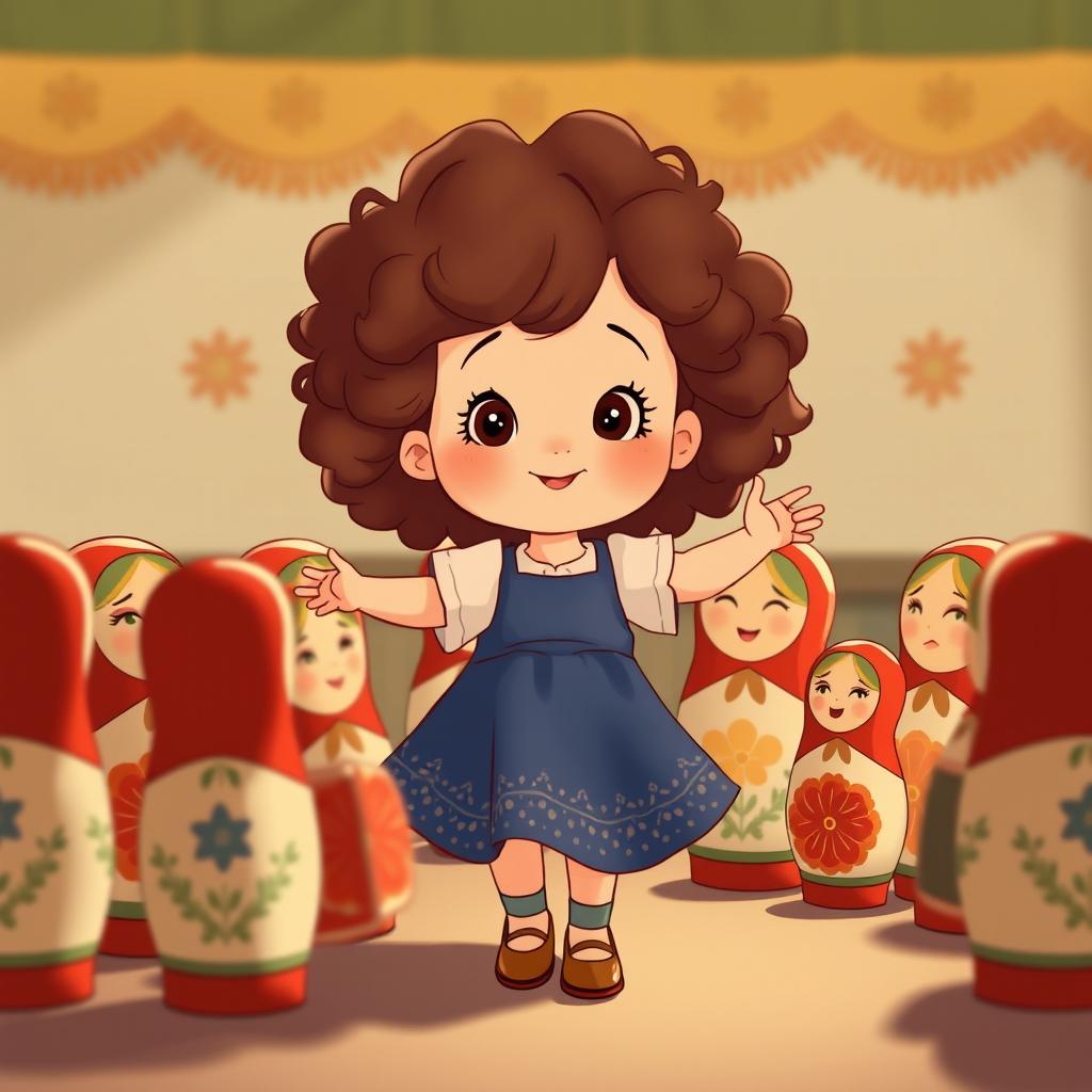 An animated scene featuring a little girl with curly hair dancing in a circle with Matryoshka dolls