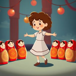 An animated scene featuring a little girl with curly hair dancing in a circle with Matryoshka dolls