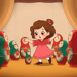 An animated scene featuring a little girl with curly hair dancing in a circle with Matryoshka dolls