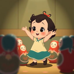 An animated scene featuring a baby girl with dark curly hair dancing in a circle with Matryoshka dolls