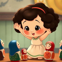 An animated scene featuring a baby girl with dark curly hair dancing in a circle with Matryoshka dolls