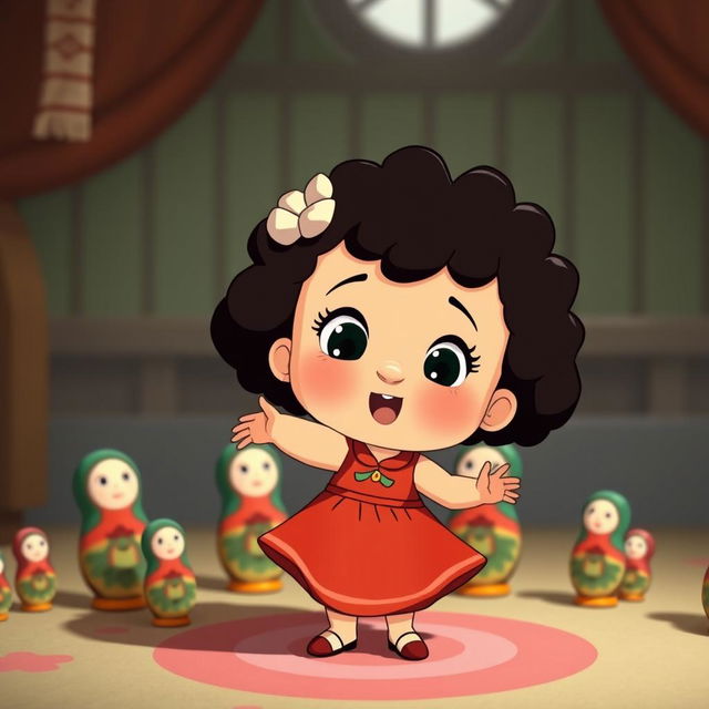 An animated scene featuring a baby girl with dark curly hair dancing in a circle with Matryoshka dolls