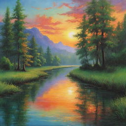 An enchanting scene of nature, vibrant with the hues of the sunset painting the sky, a pristine river reflecting the scenery, a lush green forest humming with life in the foreground. Perfect backdrop for poetry inspiration.