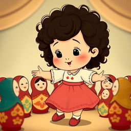 An animated scene featuring a baby girl with dark curly hair dancing in a circle with Matryoshka dolls