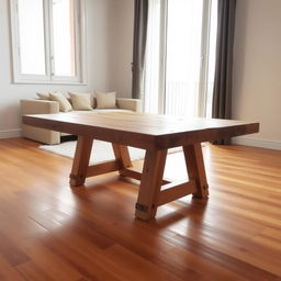 Una mesa de madera en una sala de estar