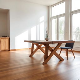 Una mesa de madera en una sala de estar