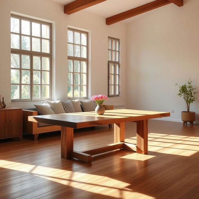 Una mesa de madera en una sala de estar