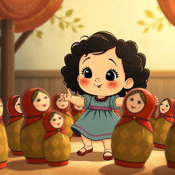 An animated scene featuring a baby girl with dark curly hair dancing in a circle with Matryoshka dolls