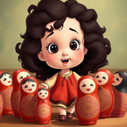 An animated scene featuring a baby girl with dark curly hair dancing in a circle with Matryoshka dolls