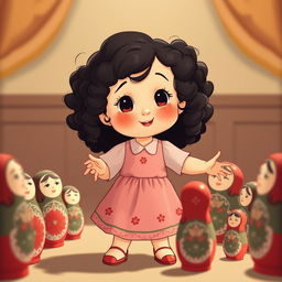 An animated scene featuring a baby girl with dark curly hair dancing in a circle with Matryoshka dolls