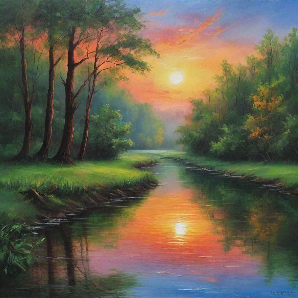 An enchanting scene of nature, vibrant with the hues of the sunset painting the sky, a pristine river reflecting the scenery, a lush green forest humming with life in the foreground. Perfect backdrop for poetry inspiration.