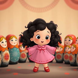 An animated scene featuring a baby girl with dark curly hair dancing in a circle with Matryoshka dolls