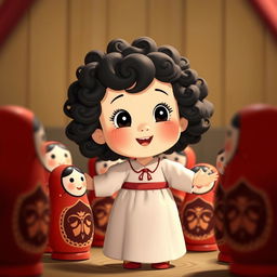 An animated scene featuring a baby girl with dark curly hair dancing in a circle with Matryoshka dolls