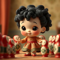 An animated scene featuring a baby girl with dark curly hair dancing in a circle with Matryoshka dolls