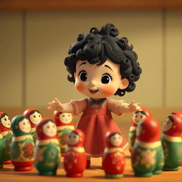 An animated scene featuring a baby girl with dark curly hair dancing in a circle with Matryoshka dolls