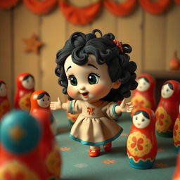 An animated scene featuring a baby girl with dark curly hair dancing in a circle with Matryoshka dolls