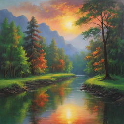 An enchanting scene of nature, vibrant with the hues of the sunset painting the sky, a pristine river reflecting the scenery, a lush green forest humming with life in the foreground. Perfect backdrop for poetry inspiration.