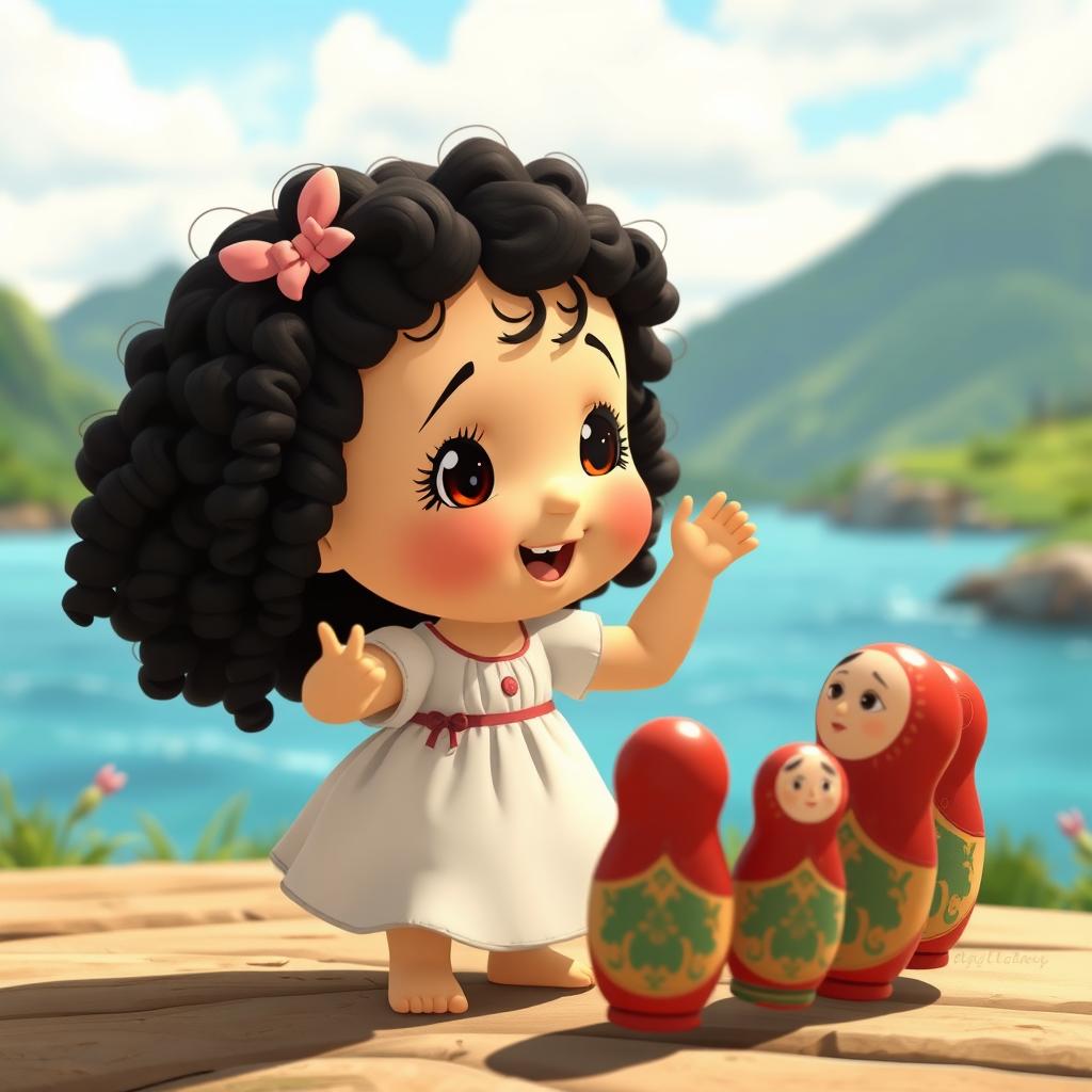 An animated scene featuring a baby girl with dark curly hair dancing in a circle with Matryoshka dolls