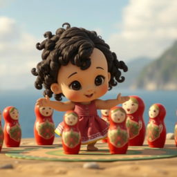 An animated scene featuring a baby girl with dark curly hair dancing in a circle with Matryoshka dolls