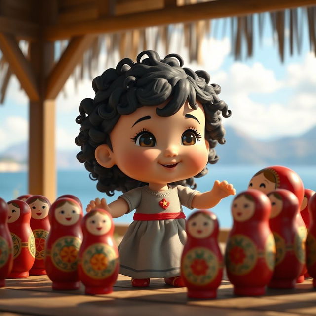 An animated scene featuring a baby girl with dark curly hair dancing in a circle with Matryoshka dolls