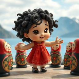 An animated scene featuring a baby girl with dark curly hair dancing in a circle with Matryoshka dolls