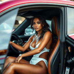 A realistic image of a woman resembling Shelbia Yael, dressed in a sexy outfit, sitting inside a luxurious Porsche car