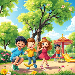 A vibrant and colorful scene featuring a group of happy children playing in a park with lush green trees, flowers, and a bright blue sky